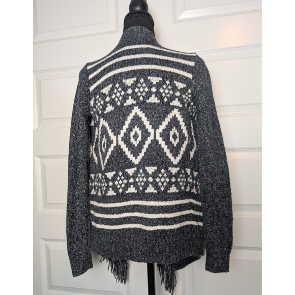 Hollister Gray Aztec Sweater Size S Open Front Cardigan Tassels Southwestern - Picture 5 of 9